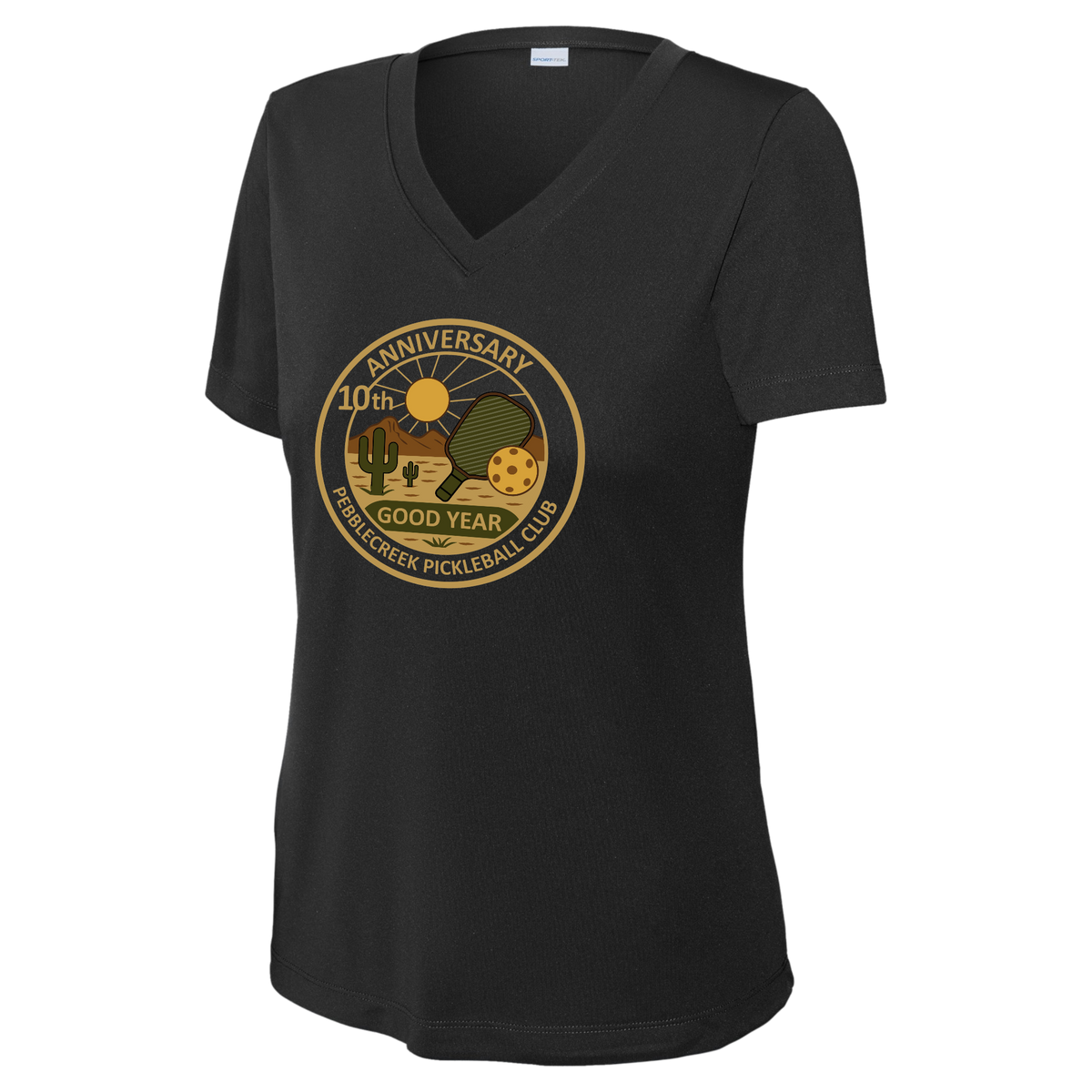 PebbleCreek Womens Short Sleeve V Neck Performance Large Anniv Logo