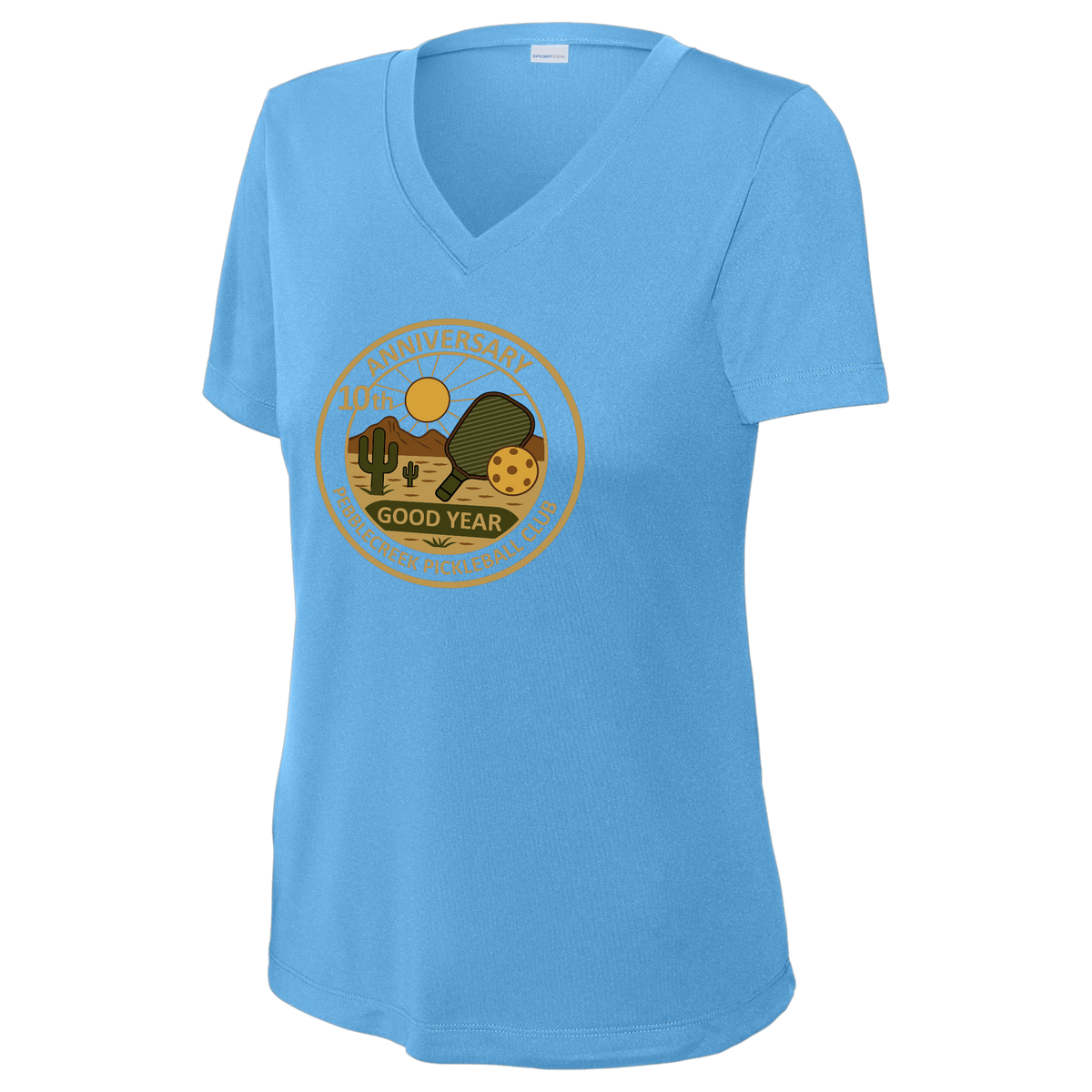 PebbleCreek Womens Short Sleeve V Neck Performance Large Anniv Logo