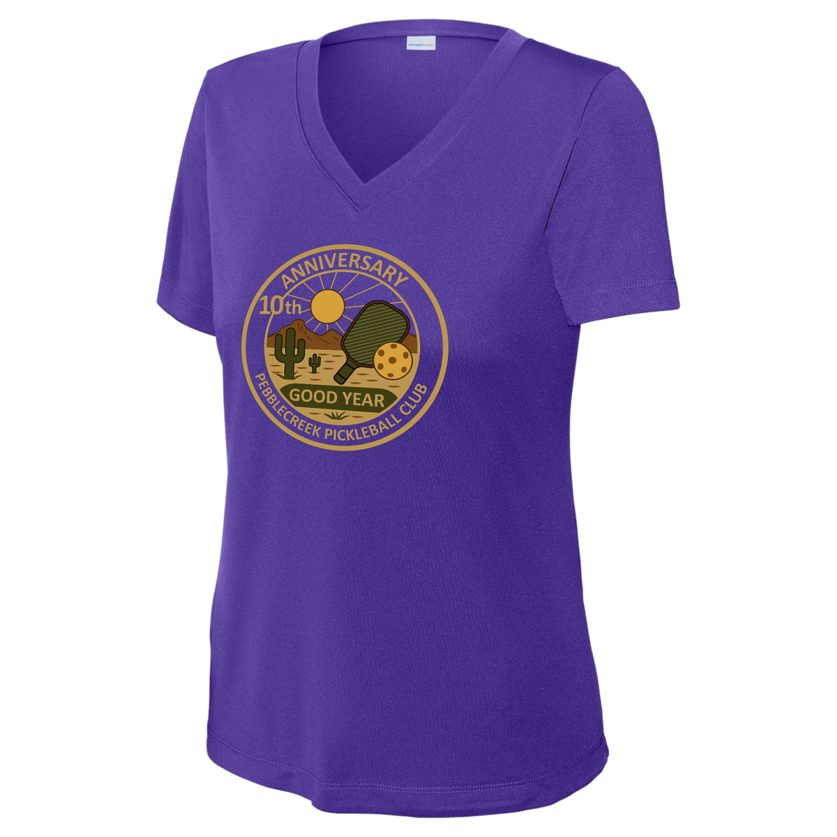 PebbleCreek Womens Short Sleeve V Neck Performance Large Anniv Logo