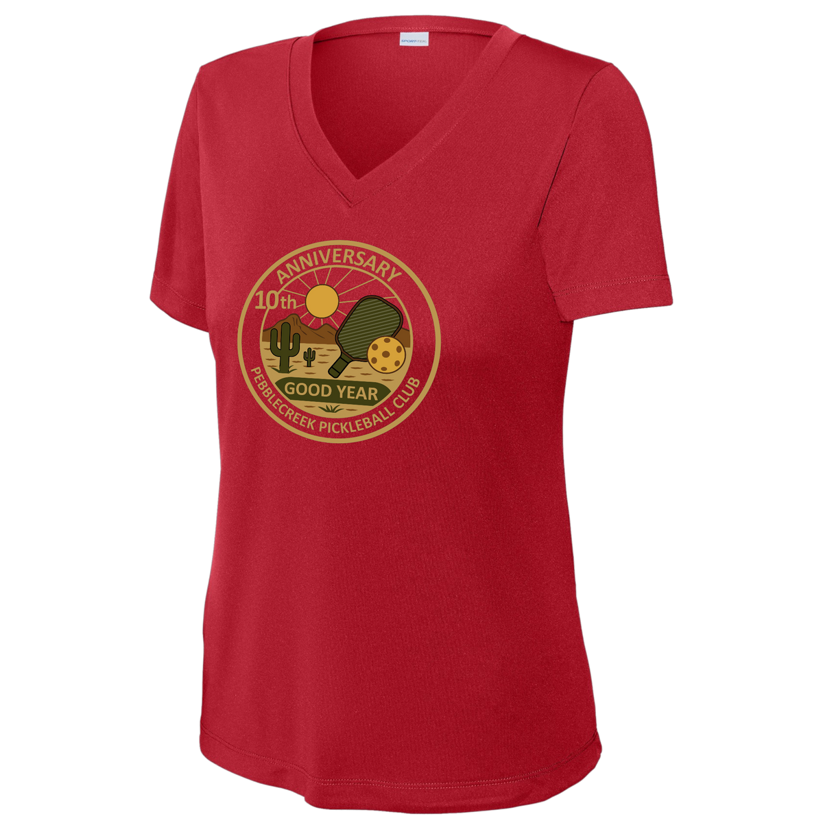 PebbleCreek Womens Short Sleeve V Neck Performance Large Anniv Logo