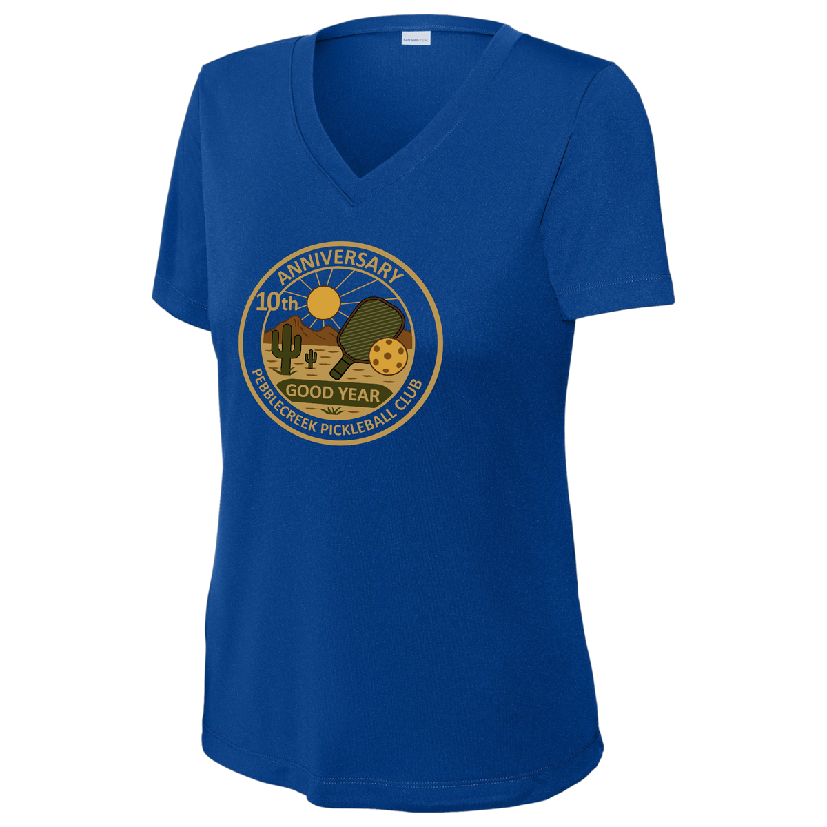 PebbleCreek Womens Short Sleeve V Neck Performance Large Anniv Logo