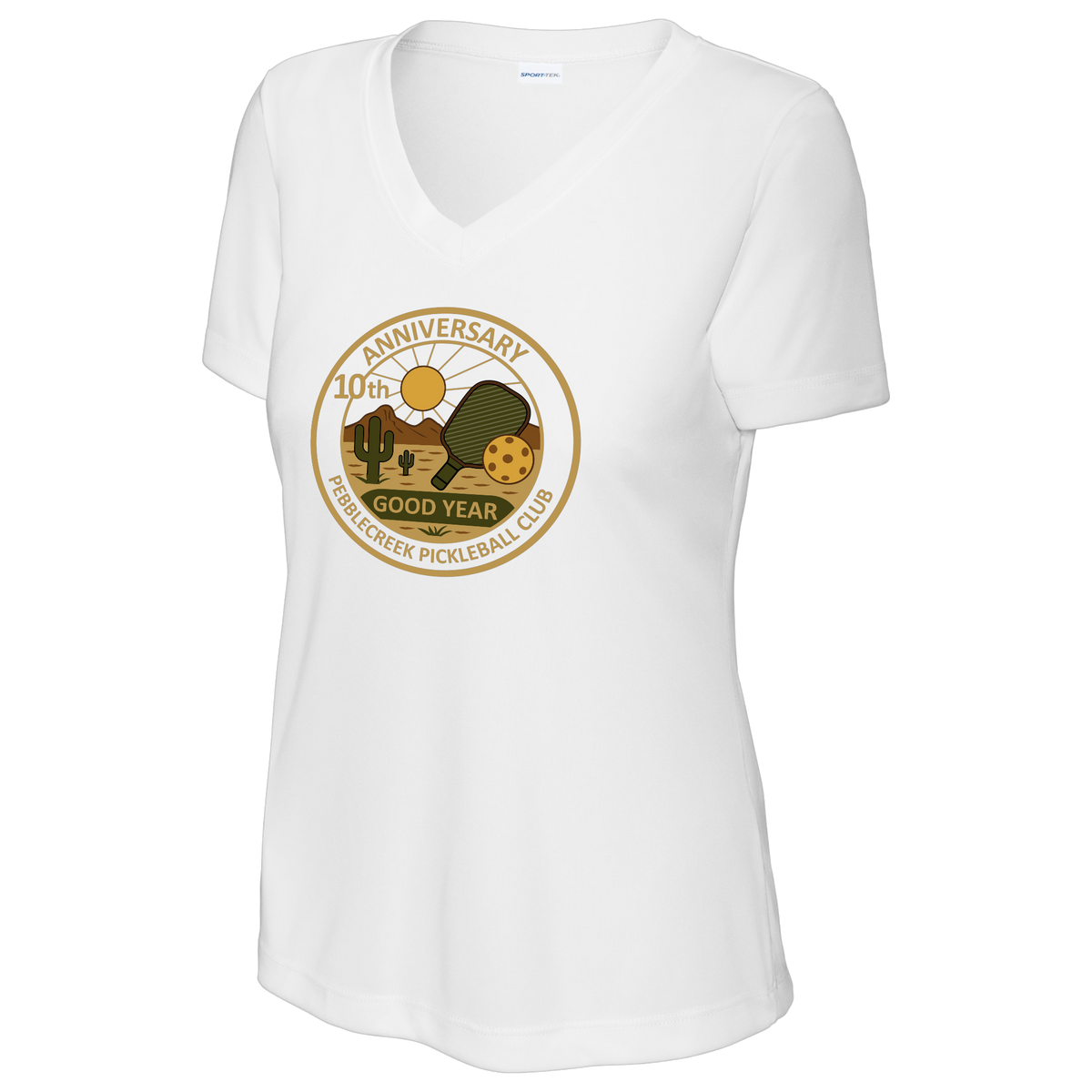 PebbleCreek Womens Short Sleeve V Neck Performance Large Anniv Logo