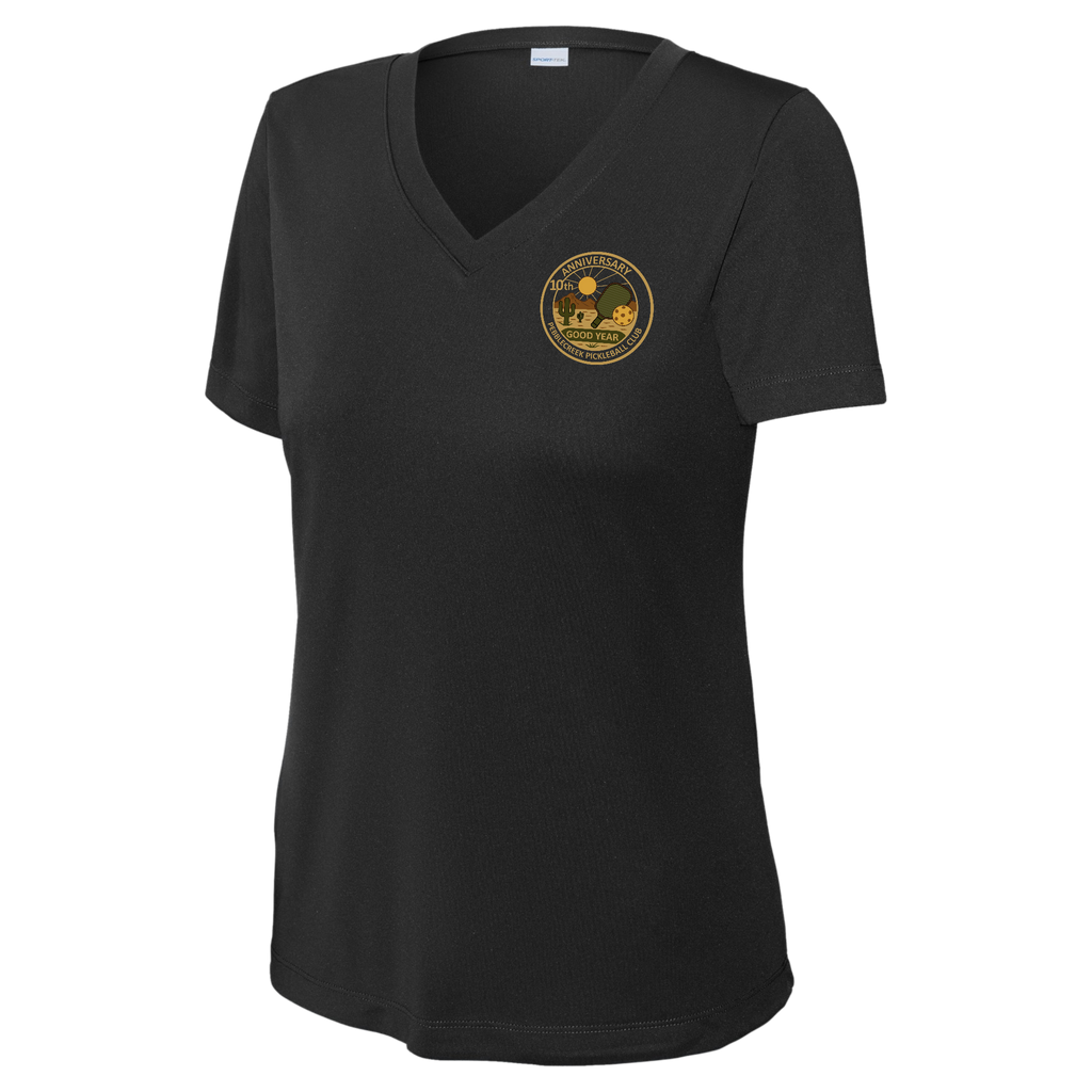 PebbleCreek Womens Short Sleeve V Neck Performance Small Anniv Logo