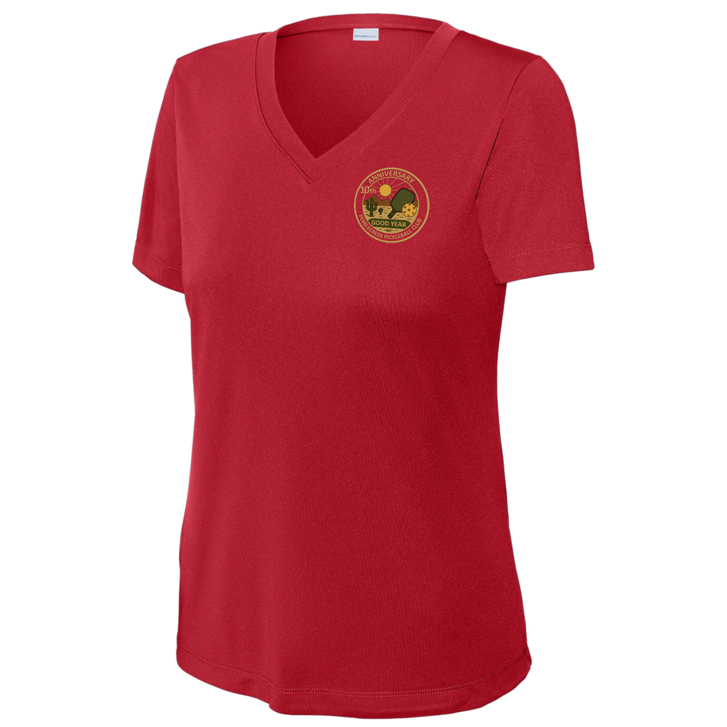 PebbleCreek Womens Short Sleeve V Neck Performance Small Anniv Logo