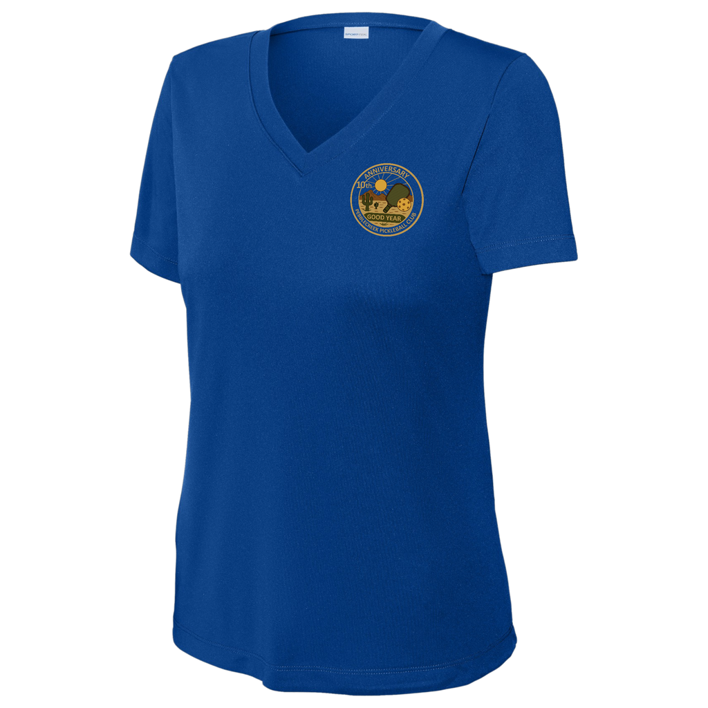 PebbleCreek Womens Short Sleeve V Neck Performance Small Anniv Logo