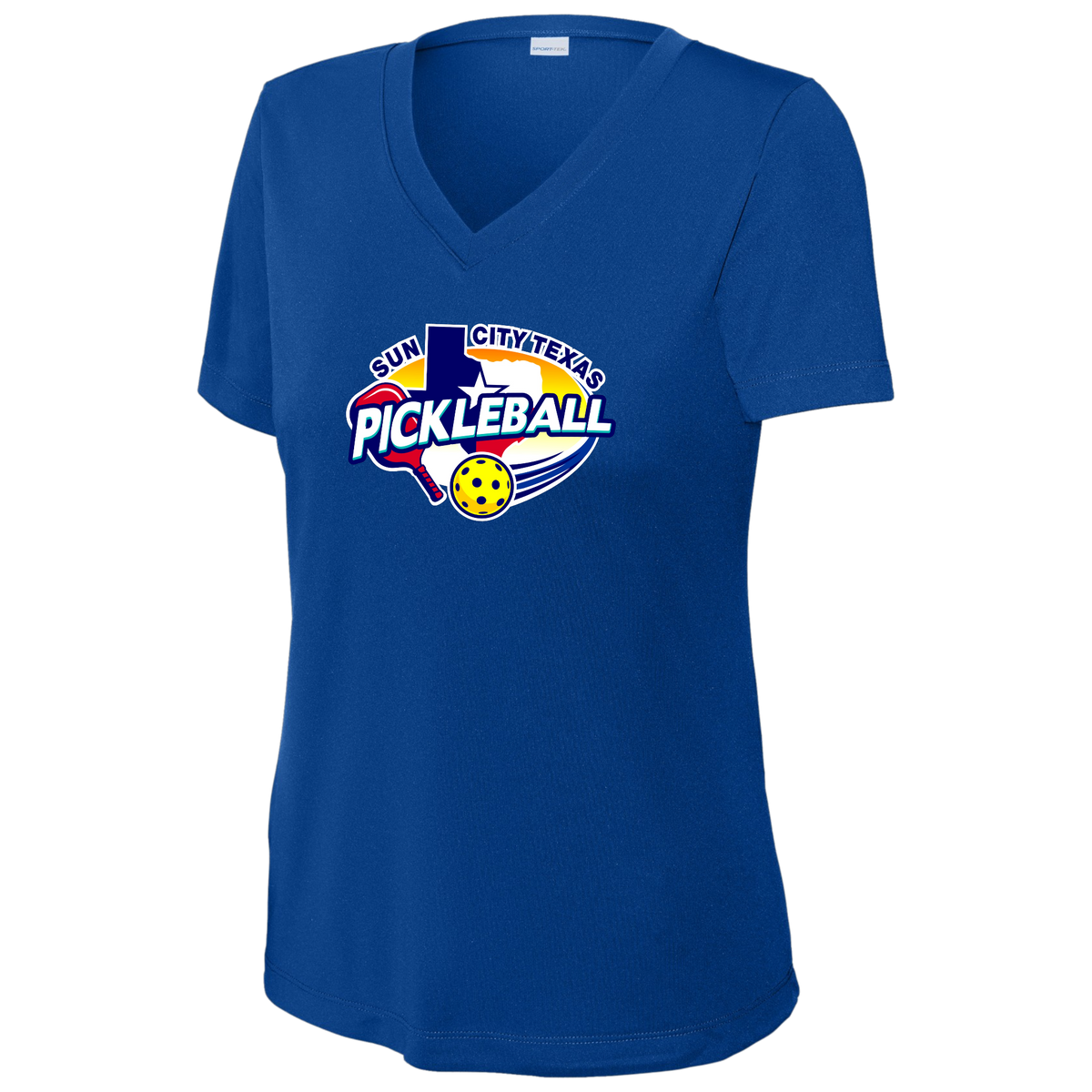 Sun City Womens Short Sleeve V Neck Performance Large Logo